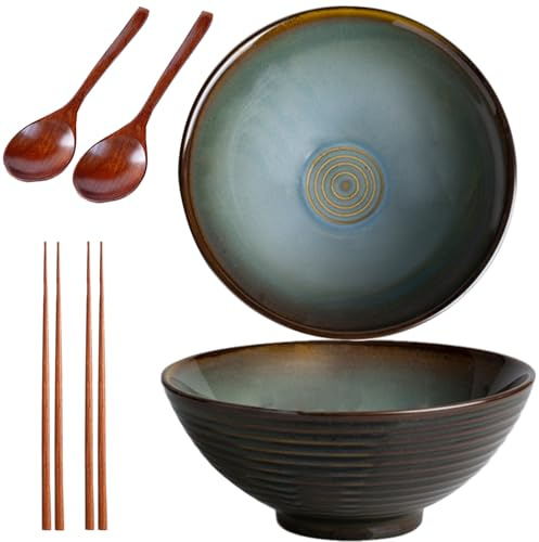 2 * 1200ML Ramen Schüssel Set,Schüssel Keramik,Ramen Bowl(Ramen Set Mit Ramenlöffel,Essstäbchen),Suppenschalen Set für Nudelschüssel,Snack,Salatschüssel,Große Schüssel (Vintage Grün)