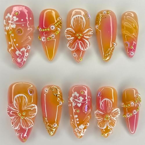 GlamRays 24 Stück Frühlings-Hibiskus Aufkleber-Nägel, Mandel-Mittelgroße Falschnägel mit 3D-Goldperlen-Kristall-Design, Blumen, Rosa-Gelb-Gradient