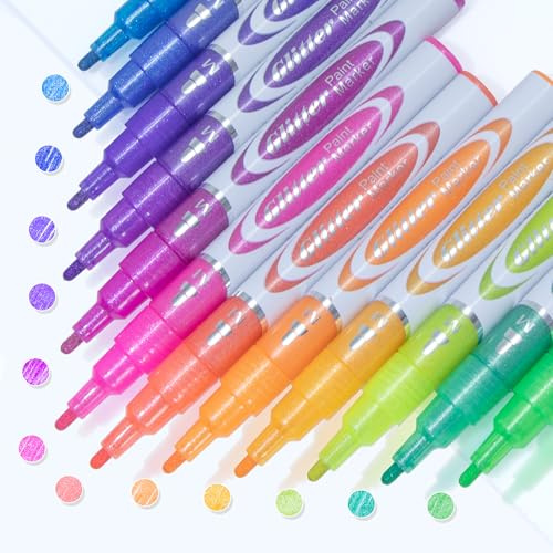 BONACE 12 st glitterfärgpennor, 1,6 mm fin spets glitter färgmarkörer, snabbtorkande, barn vuxna gör-det-själv hantverk, gratulationskort present, tillbaka till skolmaterial (silverglitter)