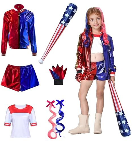 QJWBZ Cosplay Costume Per Bambina: Carnevale Costume Set Bambina Con Giacca Maglietta Pantaloncini Guanto E Mazza Da Baseball Per Carnevale Halloween Outfits (120)