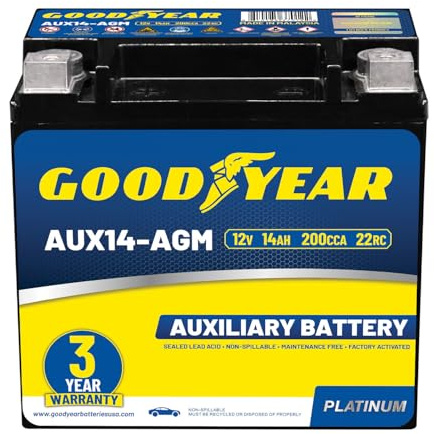Goodyear AUX14-AGM BCI Group Size 400 12V 14 AH, 22RC, 200 CCA Platinum series Rechargeable AGM Maintenance Free Auxiliary Battery