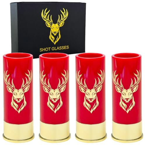 Durawe Company Verres à schnaps avec tête de cerf pour hommes et femmes, fête de mariage, fête des pères, cadeaux pour chasseurs 12 GA chasse au cerf - Petits verres à schnaps avec boîte cadeau (Rouge