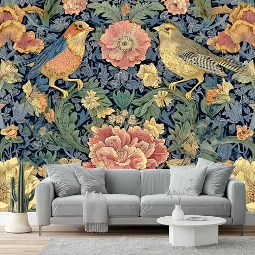 Carta da parati Fiori e uccelli in stile William Morris Murale alla moda Decorazione da Muro 400 x 280 cm MuraleModerne Decorazione Soggiorno Camera De Letto Sala Ufficio Blu Rosa