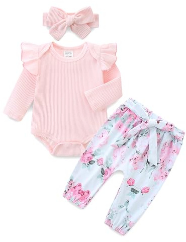 KIDDLETOWN Ensemble Bébé Fille 3 Pièces, Manches Longues Bébé Combinaison Fille, Barboteuse + Floral Pantalon + Bandeau, Ensemble De Vêtements Nouveau-né Tenue Chic à Manches Longues 0-12 Mois