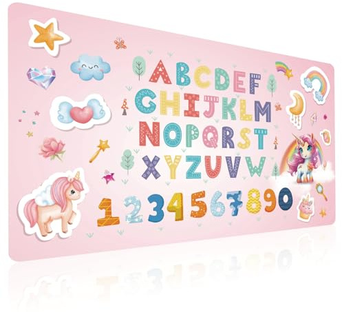 Lernen Schreibtischunterlage für Kinder 70x40cm - ABC Alphabet Mathe Zahlen Lernunterlage Wasserfest und Abwischbar aus Silikonähnliches Leder (Thema Einhorn) (C)