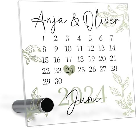 True Statements Glas-Bild „Kalender“ - Personalisiertes Hochzeitsgeschenk für Brautpaar mit Wunsch-Datum & Namen – Geschenk Jahrestag Hochzeit - 8,5x8,5 cm - Glasaufsteller inkl. Geschenkbox
