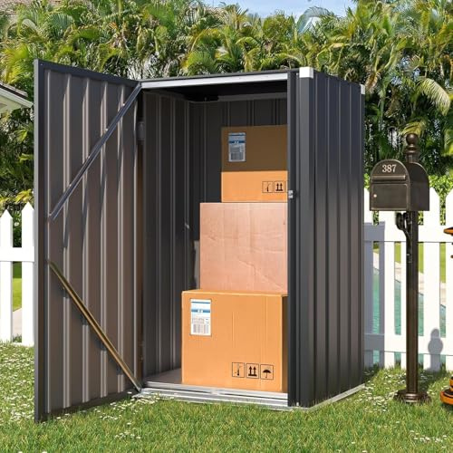 YODOLLA Gartenschrank, Einzel-Tür Außenschrank wetterfest, Stabil Metall Paketzustellkasten & Lagerung mit Schloss für Garten, 76x55x112cm, Dunkelgrau