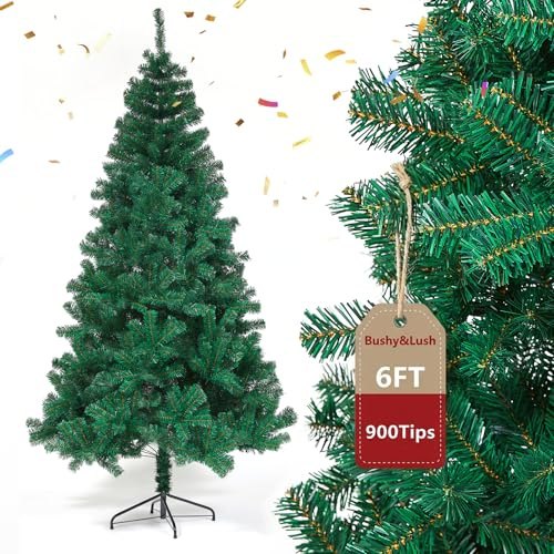 6ft Artificial Christmas Tree, 900 Tips Bushy Green Xmas Tree with Hinged Branches for Quick Assembly, Flame-Retardant PVC Realistic Pine Tree with Metal Stand for Indoor Home Holiday Decoration(green