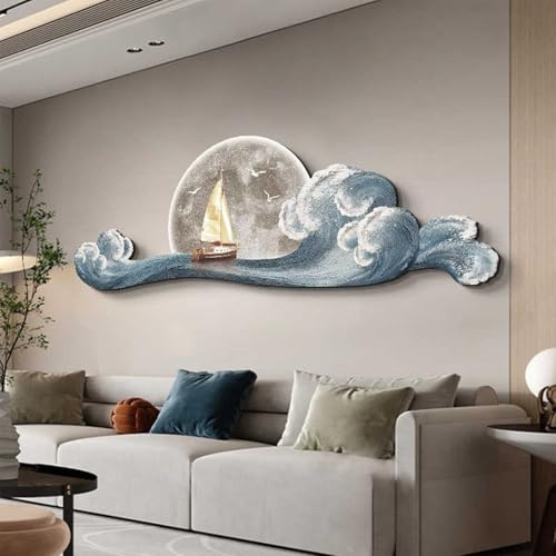 IBOWZ 3D-Segelboot-Wandbild mit LED-Beleuchtung, großes Segelboot-Wanddekor, kunstvolle Kristallporzellan-Verarbeitung, Moderne Maritime Schiffs-Wandskulpturen für Wohnzimmer, Schlafzimmer und Büro
