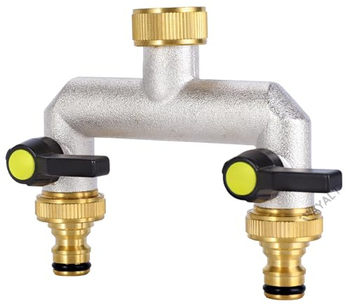 VAYALT 2-Wege Wasserhahn Wasserverteiler, Verteiler Wasser 3/4 Zoll Messing Wasseranschluss Verteile, Gartenschläuche mit 3/4 Adapter, Kugelhahn zum Einstellen und Absperren des Wasserflusses