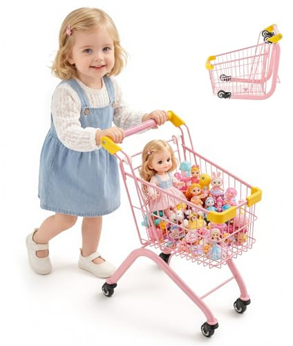VEVOR Carrito de Compras Infantil, Estructura de Acero, Carrito de Supermercado de Juguete con Cesta de Capacidad de 17 L, Asiento para Muñecas, Ruedas de 360°, Carro para Niños de 3 Años en Adelante