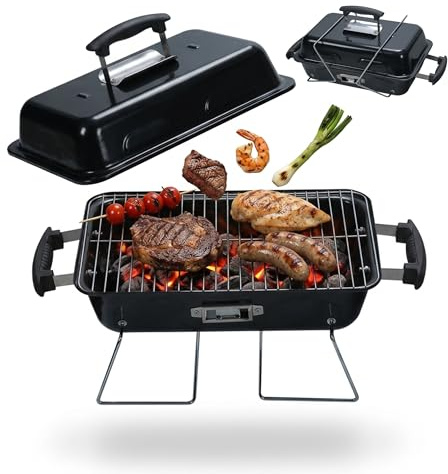Relaxdays Parrilla de Mesa Plegable portátil, 36 x 56 x 30,5 cm, Negro | Ventilación, tapa, camping, acero