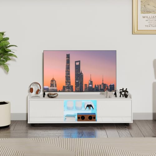 Panana 140cm TV Stand Cabinet TV Unit with RGB LED Lights, White High Gloss Doors and Matt Body