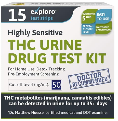 Exploro THC Tests for Home Use - Marijuana Drug Test Kit for Urine (15 Pack), Weed Detox Testing Kits with 50 ng/ml Cutoff Level