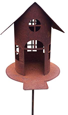 VOGELHAUS MIT Steg Futterhaus ZUM BELEUCHTEN H21cm + Stab Gartenstecker Edelrost Metall + Original Pflegeanleitung von Steinfigurenwelt