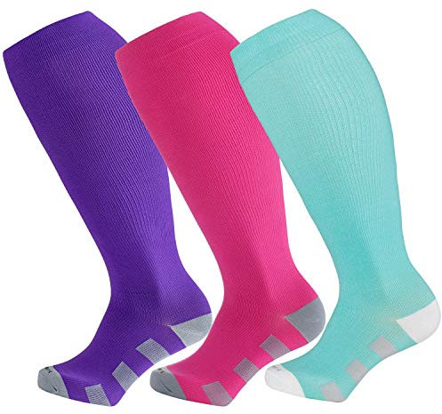 Breite Waden-Kompressionsstrümpfe für Damen und Herren, extra große Größe, Stützsocken für Krankenschwestern, Laufen, schwangere Reisen, 15–20 mmHg, 3 Paar D, Large