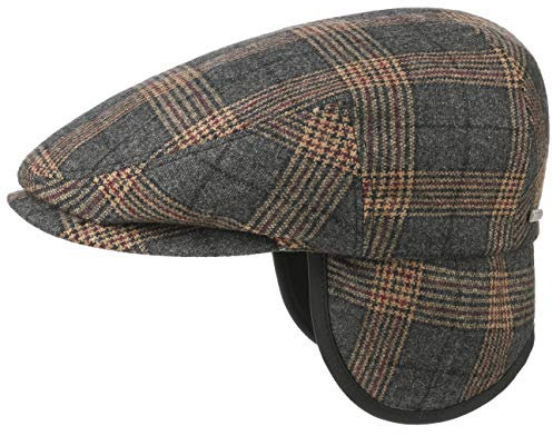Stetson Kent Check Flatcap mit Ohrenklappen Schirmmütze Schiebermütze Herren - Made in The EU Schirm, Futter, Lederband, Lederband Winter Herbst-Winter - L (58-59 cm) grau