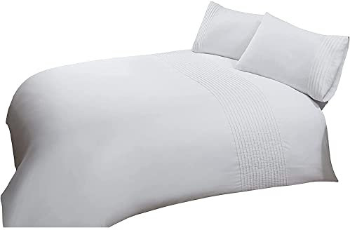 Sleepdown Pintuck Pleated Striped Panel White Luxury Easy Care Soft Cosy Duvet Cover Quilt Bedding Set with Pillowcases - White, Double (200 cm x 200 cm)