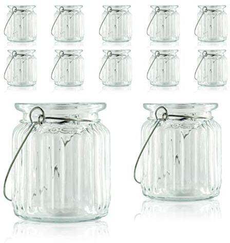 WeddingTree 12 x Windlicht Glas mit Bügel - Teelichtgläser - Einfach Abnehmbarer Metallbügel - Deko für Hochzeit (Moderne)