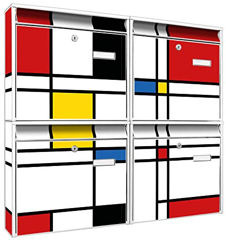 banjado Briefkastenanlage 4 Fach - Postkästen groß - verzinkter Stahl weiß DIN A4 Motiv Rot Gelb Blau - Briefkasten Set 4 Briefkästen Namensschild, 2 Schlüssel, Montagematerial