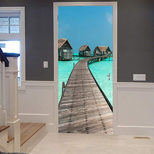A.Monamour Türtapete Selbstklebend Türfolie Türposter 3D Blauer Ozean Strand Hölzernen Brücken Pfeiler Der Malediven Natur Vinyl Folie Türdeko Tapete Wandbild Türaufkleber Türtattoo 90 x 200 cm