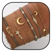 Yean Lot de 6 bracelets style Boho faits à la main à plusieurs couches en forme de lune, d’étoile et de cristal pour femmes et filles Doré
