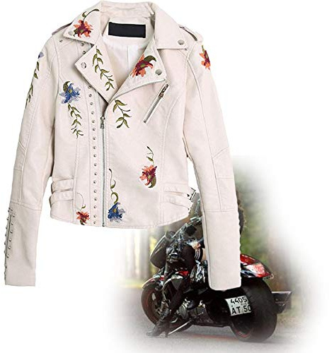 Femme Manteau en Cuir Beign Veste Fleurs Brodées Clouté Casual Manteau Biker Moto Coupe Slim Manches Longues，Veste Blazer De Moto en Simili Cuir Elégant Rivet Blousons avec Broderie L Blanc