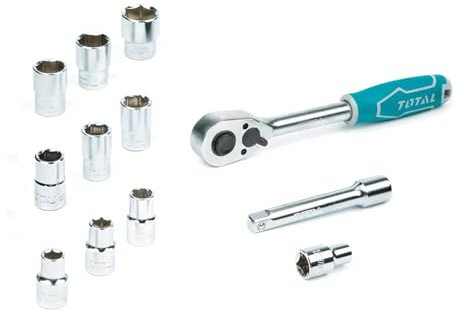 Total Tools - Jeu de clés à douille à cliquet | 12 douilles chromées avec insert 1/2'' | Pour serrer et desserrer les vis | Clé à cliquet 45 dents | Rallonge de 100 mm | Chrome vanadium