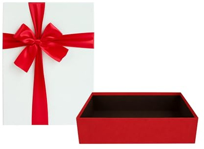 Emartbuy Styv presentask, 33,5 x 25 x 11,5 cm, texturerad röd låda med vitt lock, brun insida och rött satindekorativt band