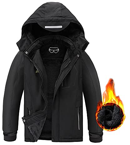 AFILOK Boy's Ski Jacket Waterproof Breathable Kids Fleece Lined Windproof Hooded Snowboard Coats (Black, 10-12)