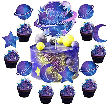 Galaxy Födelsedagstårta Dekorationer Solsystem Grattis på födelsedagen Cake Topper Planeter Star Moon Outer Space Cupcake Toppers för Starry Sky Universe Space Themed Birthday Party Supplies - 25st