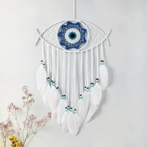 Dremisland Macramé Mauvais œil Attrape-rêves Tissé à la Main Blanc Plumes Dreamcatcher Tenture Murale Décoration de la Maison Ornement Bénédiction Cadeau de Festival