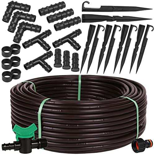 Tropfbewässerungs-Set, Druck-Tropfrohr, kompensiert, Tropfleitung, Bewässerungsrohr, Made in EU (16 mm / 2,2 LPH, 50 m + Zubehör, braun)