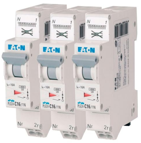 EATON 109130 PLGC4-C16/1N - DISJONCTEUR MODULAIRE PH/N - Blanc - MANETTE GRISE - 1P+N / 16 A - COURBE C - Raccordement direct sans vis - 3 disjoncteurs