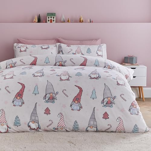 Catherine Lansfield Christmas Festive Gnomes Cosy Fleece Single Duvet Cover Set with Pillowcase Pink