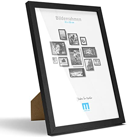 Zeitlos, moderner Bilderrahmen A4, aus MDF, (schwarz) für DIN A4 große Fotos und Bilder. Inkl. Acrylglasschutz. Er eignet Sich als Tisch-Aufsteller und für die Wand, im Hochformat oder Querformat.