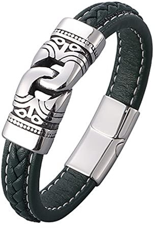 KnSam Männer - Armreifen Herren, Lederarmband Punk Klassiker BFF Armbänder Edelstahl Armschmuck Silber mit Magnet Verschluss, Länge 16.5CM