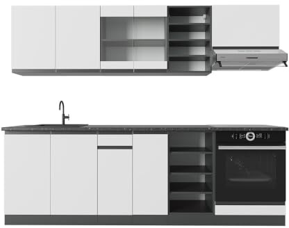 Vicco Küchenzeile R-Line, Weiß/Anthrazit, 240 cm | 10 Module · Höhenverstellbare Füße · Ohne Arbeitsplatte · Robuste Fronten · Mit Herdumbauschrank · Frei kombinierbar