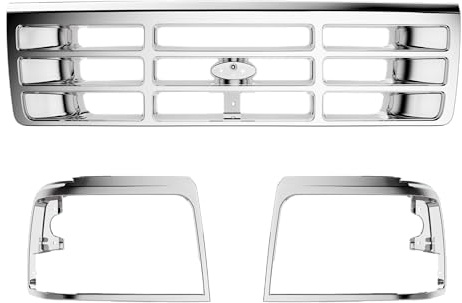 HECASA Front Grille & Headlight Bezel Compatible with 1992-1997 Ford Bronco F-150 F-250 HD F-350 Replacement for F4TZ8200A FO1200173 F2TZ13064D FO2512130 F2TZ13064C FO2513131 FO1200442 Chrome Silvery