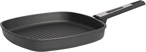 SKK große Aluguss Grillpfanne 28x28 cm - ohne Induktion - flache viereckige Antihaft Steakpfanne gerippter Pfannenboden - Made in Germany