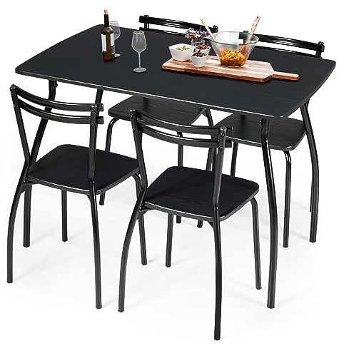 COSTWAY Esstisch mit 4 Stühlen, 5 teiliges Essgruppe Holz, rechteckiger Küchentisch Esszimmertisch mit stabilem Metallrahmen für 4 Personen, Sitzgruppe für Küche, Wohnzimmer, Esszimmer