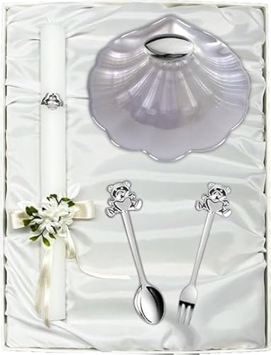 Estuche de Bautizo de Vela con Lazo, 2 Cubiertos Infantiles y Concha Bautismal de Cristal Nacar. Con apliques Laminados en Plata de Ley 925‰ y Personalizado. (09667-N)