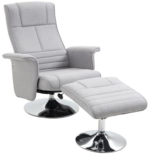 HOMCOM Relaxsessel mit Fußhocker, Massagesessel mit Liegefunktion, Elektrischer Liegesessel mit Fernbedienung, Fernsehsessel mit Leinenoptik, Stahl, Hellgrau