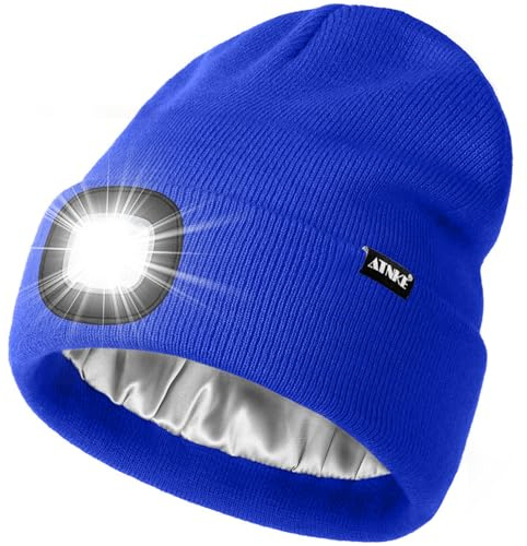 ATNKE LED Beleuchtete Mütze mit Licht,Wiederaufladbare USB 4 LED Beleuchtete Laufmütze Extrem Heller Lampe Winter Warme Satin Seide Gefüttertes Geschenke für Herren und Damen/Blue