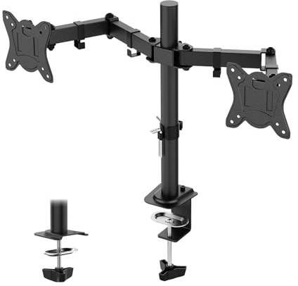 GRIFEMA Support Double Ecran PC pour Moniteurs de 13 à 27 Pouces, Bras Ecran PC, Réglable en Hauteur, Inclinaison de ± 90°, Rotation de 360°, Poids Max 10KG, VESA 75/100 MM, GB2001A-2, Noir