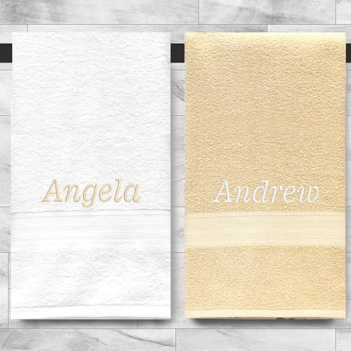 Custom Monogrammed Personalized Embroidered Hand Towels with Names Set of 2- Cotton 16”x28” Soft Absorbent Hotel Spa Quality Towels for Bathroom Gym Dorm-Personalized Gift with Names (White-Beige)