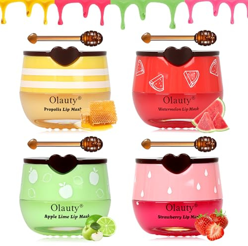 4Pcs Bee Lip Balm Honey Pot, Lip Mask Skincare, Prevention Lip Dry Set,Strawberry, Watermelon, Apple Lime, Honey Lip Sleeping Moisturizing Lip Balm, Mothers Day Gifts, Easter Basket Stuffers