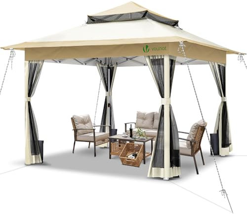 VOUNOT® Carpa Plegable Gazebo 3.6x3.6m con Botón Central y Laterales de Malla, Cenador Pabellón Pop Up de Jardín Techo Doble y Bolsas de Arena, Protección UV, para Camping, Fiestas, Exterior, Beige