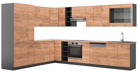 Vicco Eckküche Fame-Line, Goldkraft Eiche/Anthrazit, 257 x 60 cm, AP Eiche