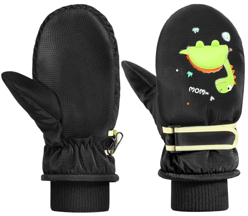 MoKo Guantes de Esquí para Niños, Guantes de Nieve Impermeables Invierno para 5-10 Años Niñas Resistente al Viento,Mitones Térmicos para Clima Frío Ciclismo, Deporte al Aire Libre, M,Negro/Dinosaurios
